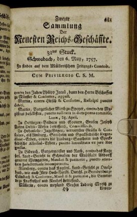 31tes Stuck. Schwabach, den 6. May, 1757.