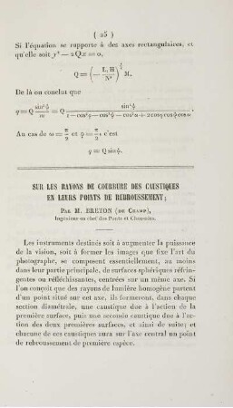 Sur les rayons de courbure des caustiques en leurs points de rebroussement.