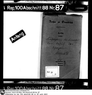 Konskriptionsregister (Verzeichnisse der Feuerstätten) Enthält: Kirchspiele Riemsloh, Wellingholzhausen, Neuenkirchen bei Melle (1669); Amt Reckenberg (1669, ab Bl. 29); Amt Vörden (1669, ab Bl. 51); Amt Iburg (1669, ab Bl. 101); Amt Fürstenau (1671, ab Bl. 178)