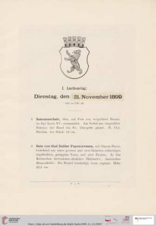 I. Auctionstag: Dienstag, den 21. November 1899 (Nr. 1 - 42)
