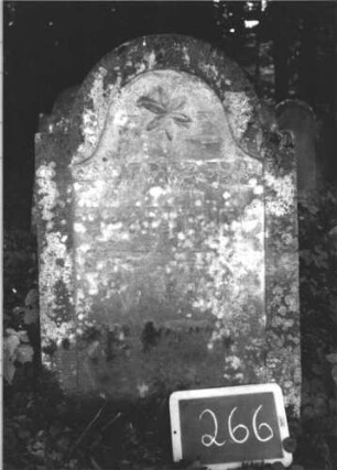 Grabstein 266 (Index: 99894641) Material: Sandstein Zustand: stark bewachsen Maße HxBxT: 96x57x8 cm Beschreibung: Stele mit eingezogenem Rundbogenabschluss Symbolik: Blüte: Grabstein 266