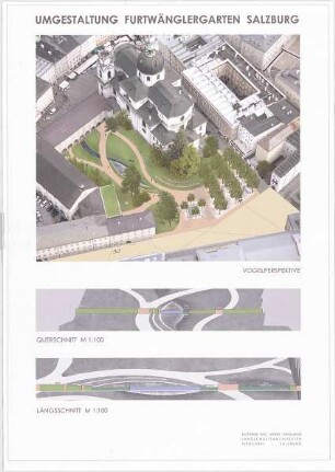 Hansjakob, Gottfried; Salzburg; Wettbewerb Furtwänglergarten (Umgestaltung) - Perspektive, Querschnitt, Längsschnitt