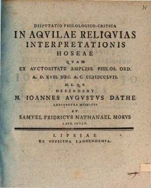 Disp. philol. crit. in Aquilae reliquias interpretationis Hoseae