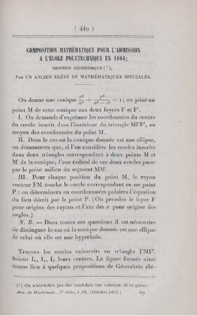 Composition mathématique pour l'admission a l'école polytechnique en 1884.