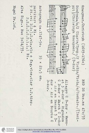 Sinfonia / a / 2 Clarin / Tymp. / 2 Violin / Viola / e / Cembalo. / [Incipit] / Christoph Graupner.