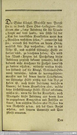 [Weisung des Königl. Preußischen Ober-Collegium-Medicum]