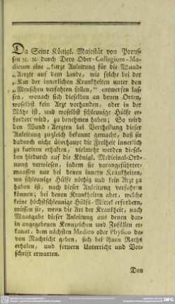 [Weisung des Königl. Preußischen Ober-Collegium-Medicum]