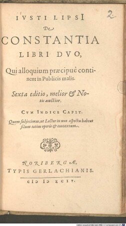 Ivsti Lipsi De Constantia Libri Dvo, Qui alloquium praecipuè continent in Publicis malis