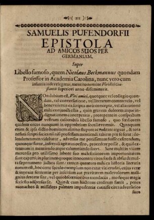 Samuelis Pufendorfii Epistola Ad Amicos Suos Per Germaniam, Super Libello famoso, quem Nicolaus Beckmannus ...