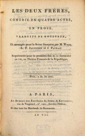 Les deux frères : comédie en quatre actes, en prose