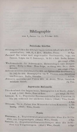 Bibliographie vom 1. Januar bis 15. Februar 1871.