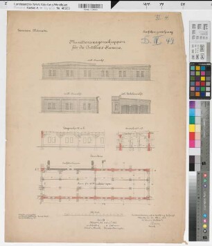 Münster (Münster) Artilleriekaserne Munitionswagenschuppen (Ausführungszeichnung) Ansichten, Grundriß, Schnitte 1902 1 : 100 66 x 53 farb. Druck Rokohl, Baurat Hochbauamt Münster