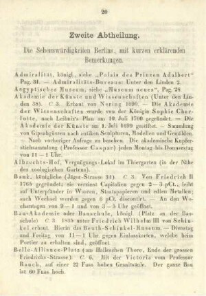 Zweite Abtheilung. Die Sehenswürdigkeiten Berlins, mit kurzen erklärenden Bemerkungen