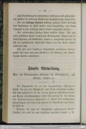 Fünfte Abtheilung. Von der Baumwollen-Färberei für Kleinigkeiten, als Kleider, Tücher rc.