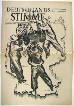 Wochenzeitung der "Volksbewegung für Einheit und gerechten Frieden" mit einer Bilanz zum Jahreswechsel 1949/50 und über Deutsche in der französischen Fremdenlegion