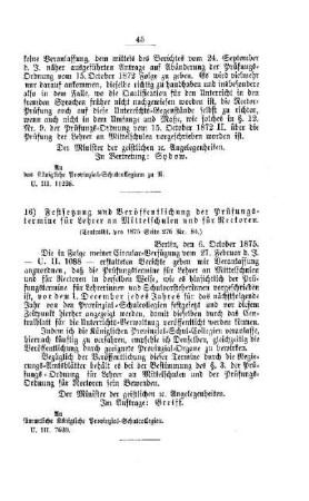 Festsetzung und Veröffentlichung der Prüfungstermine für Lehrer an Mittelschulen und für Rectoren : [IV. Seminarien, Bildung der Lehrer und deren persönliche Verhältnisse]