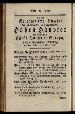 Kurze Genealogischen Anzeige ...