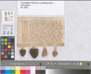 Der Knappe Johan van der Molen verkauft seine Mühle zwischen den Städten (Alt- und Neustadt) zu Herford an seinen Vetter Albracht van der Molen. Anwesend:Hellembert van der Horst, Justacius van Monichusen Ritter, Ludolf van Monichusen Knappe.