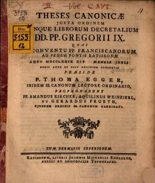 Theses canonicae iuxta ordinem quinque librorum Decretalium ... Gregorii IX.