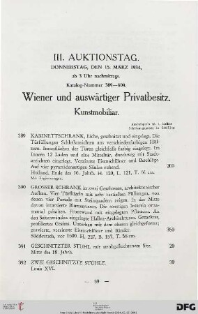 III. Auktionstag. Donnerstag, den 15. März 1934, ab 3 Uhr nachmittags (Nr. 389-609)