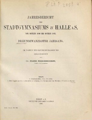 Jahresbericht des Stadtgymnasiums zu Halle : von Ostern ... bis Ostern .... 1890/91