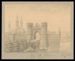 Stadttor mit Zugbrücke Monatskonkurrenz Juni 1834: Grundrissskizze Ergeschoss, perspektivische Ansicht