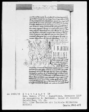 Augustinus, Sermones 64 de evangeliis Sancti Matthaei, Lucae et Joannis — Initiale M(IRACULA DOMINI), Folio 124verso