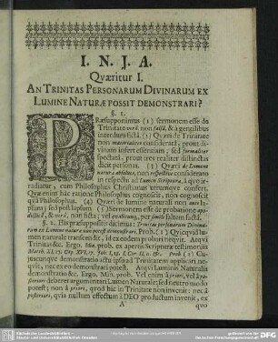 Quaeritur I. An Trinitas Personarum Divinarum Ex Lumine Naturae Possit Demonstrari?