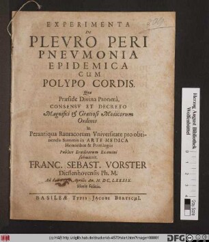 Experimenta De Pleuro Peri Pneumonia Epidemica Cum Polypo Cordis