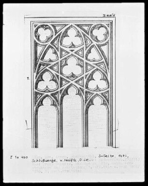 Köln, Dom, südliches Chorgestühl, östliche Schlusswange, Ostseite, Maßwerk
