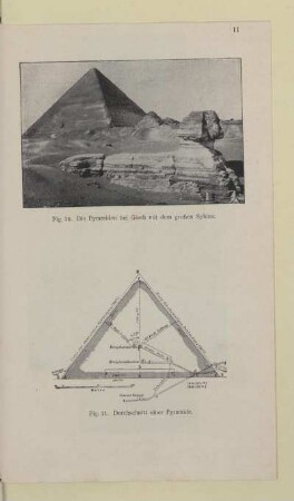 [Fig. 10.-11. Die Pyramiden bei Giseh mit dem großen Sphinx und Durschnitt einer Pyramide]