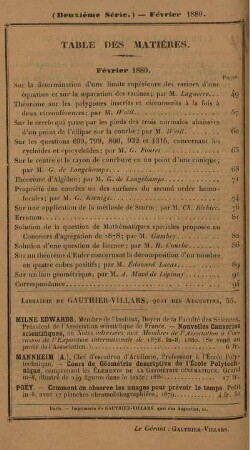 Table des matières. Février 1880.