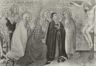 Christus am Kreuz, von Maria und zahlreichen Heiligen verehrt