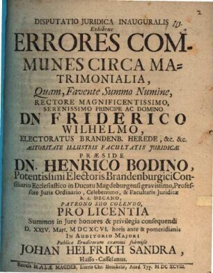 Disp. iur. inaug. exhibens errores communes circa matrimonialia
