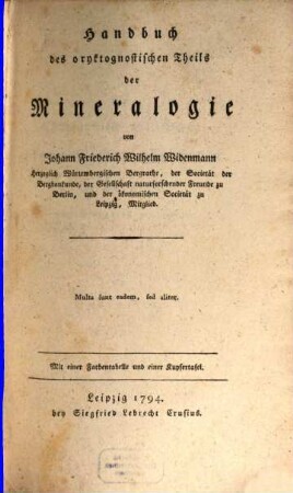 Handbuch des oryktognostischen Theils der Mineralogie : Mit einer Farbentabelle und einer Kupfertafel