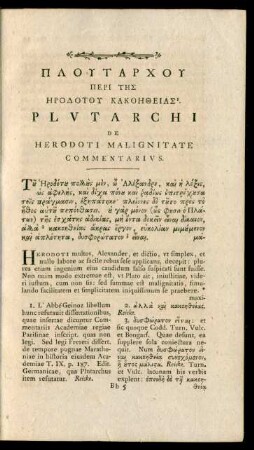 Plutarchi De Herodoti Malignitate Commentarius