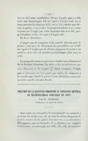 Solution de la question proposée au concours général de mathématiques spéciales en 1897.