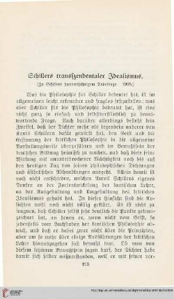 Schillers transzendentaler Idealismus (Zu Schillers hundertjährigem Todestage. 1905)