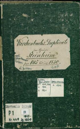 Kirchenbuchduplikat der katholischen Gemeinde Steinheim, Kreis Höxter (GHT 1815-1830) (Gemeinde: Katholische Gemeinde Steinheim)