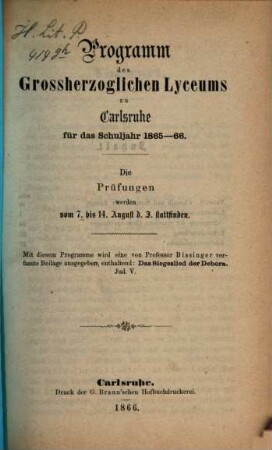 Programm des Grossherzoglichen Lyceums zu Karlsruhe : für das Schuljahr ..., 1865/66