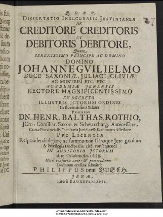 Dissertatio Inauguralis Iustinianea De Creditore Creditoris Et Debitoris Debitore