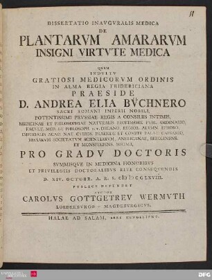 Dissertatio Inavgvralis Medica De Plantarvm Amararvm Insigni Virtvte Medica