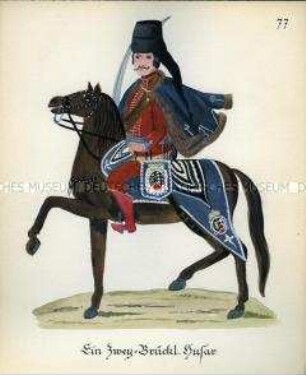 Uniformdarstellung, Husar der Stabswache, Herzogtum Pfalz-Zweibrücken, 1760/1761. Kopie der Originaltafel 77 aus Becher: Wahrhaftige Nachrichten.