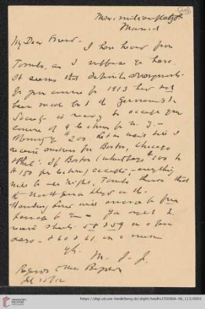 Briefe von Morris Jastrow an Carl Bezold: Karte von Morris Jastrow an Carl Bezold