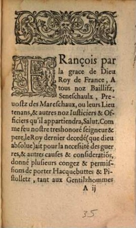 De F. II. Ordonnance faicte par le roy sur les defenses de ne porter, tirer, ne faire tirer Hacquebutes, ne Pistoletz