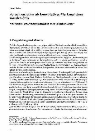 Sprachvariation als konstitutives Merkmal eines sozialen Stils. Am Beispiel einer innerstädtischen Welt „Kleiner Leute“
