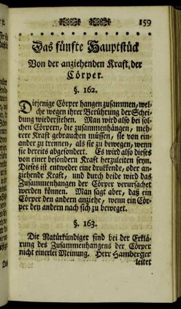 Das fünfte Hauptstück Von der anziehenden Kraft, der Cörper.