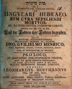 MT MYNṾH H. E. Dissertatio Philologica, De Singvlari Hebraeorvm Cvra Sepeliendi Mortvos : Ad Illvstrationem Verborvm Christi, Matth. VIII, 22, Lvc. IX, 60. Laß die Todten ihre Todten begraben