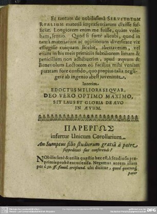 Parergos Infertur Unicum Corollarium