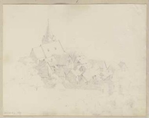 Die Bergkirche Zwingenberg und umliegende Bauten von den Ausläufern des Melibokus aus gesehen